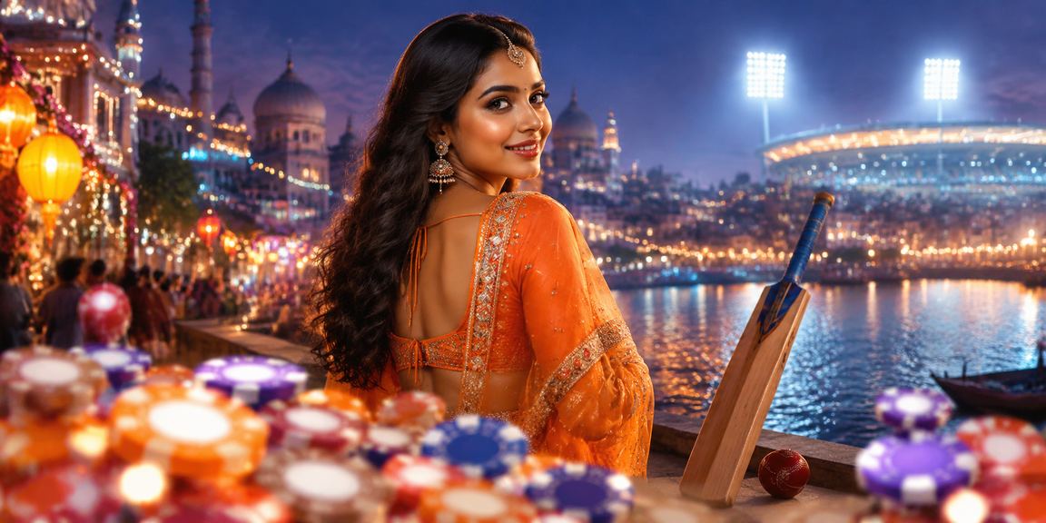 Teen Patti game cards and chips on table with Indian cricket night market background